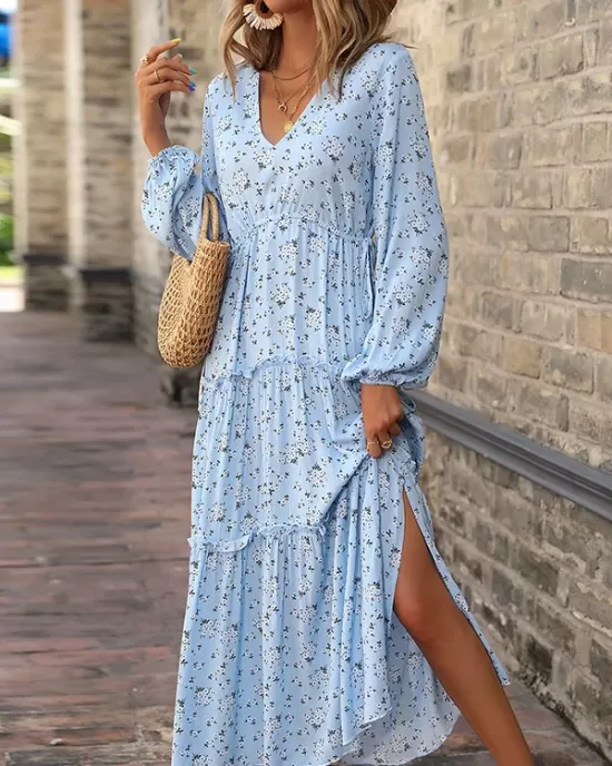 Vacation Puff Sleeves Floral Printed V-Neck Dress