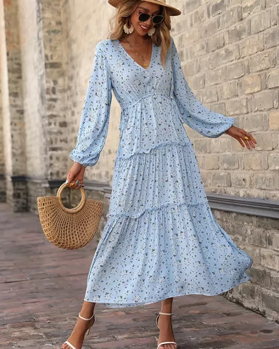 Vacation Puff Sleeves Floral Printed V-Neck Dress