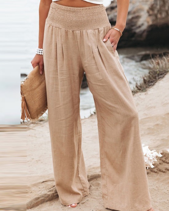 Simple Casual Solid Color Ramie Cotton Wide Legs Pants