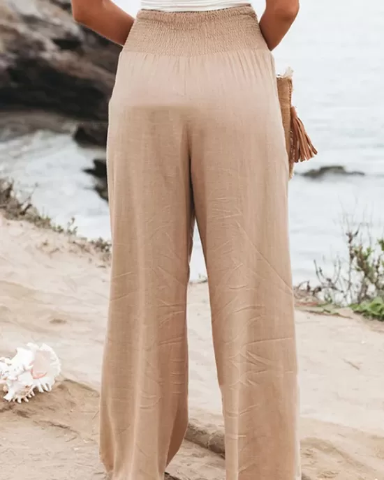 Simple Casual Solid Color Ramie Cotton Wide Legs Pants