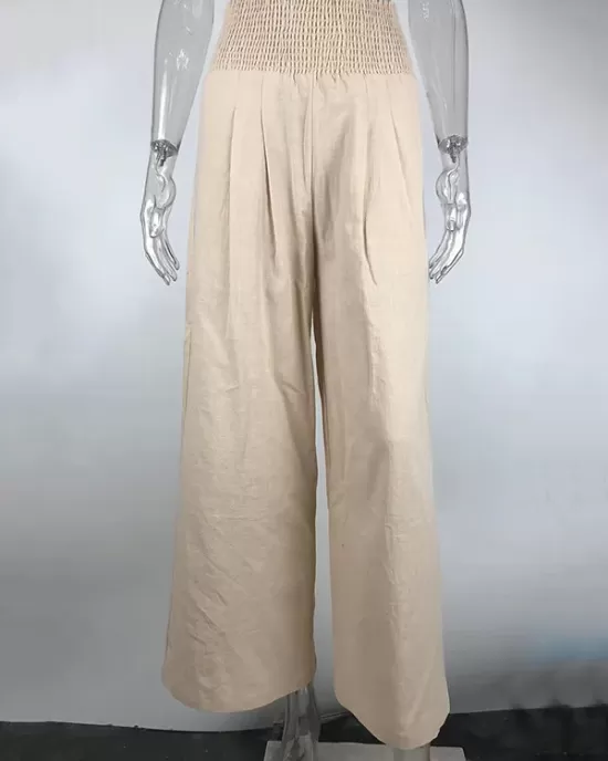 Simple Casual Solid Color Ramie Cotton Wide Legs Pants