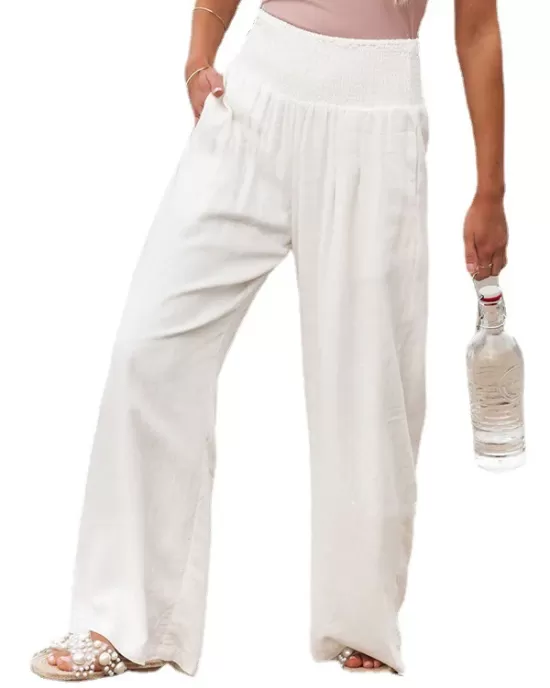 Simple Casual Solid Color Ramie Cotton Wide Legs Pants