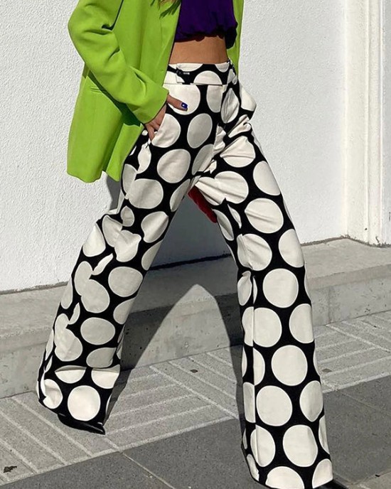 Original Contrast Color Polka-Dot Printed Wide Leg Pants