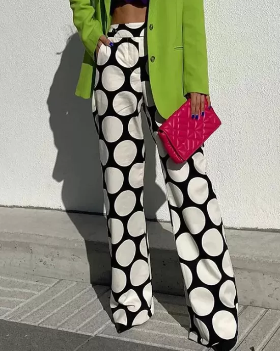 Original Contrast Color Polka-Dot Printed Wide Leg Pants