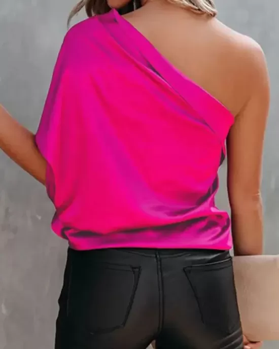 Urban Loose One-Shoulder Fuchsia Shirt Top