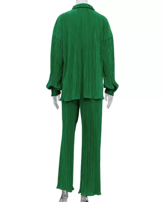 Loose Solid Color Pleated Blouse&Wide Legs Pants 2 Pieces Set