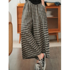 Artistic Retro Linen Loose Wide Legs Plaid Drawstring Pants