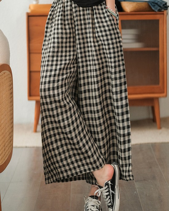 Artistic Retro Linen Loose Wide Legs Plaid Drawstring Pants