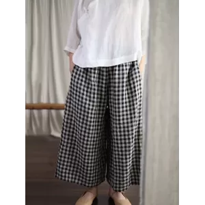 Artistic Retro Linen Loose Wide Legs Plaid Drawstring Pants