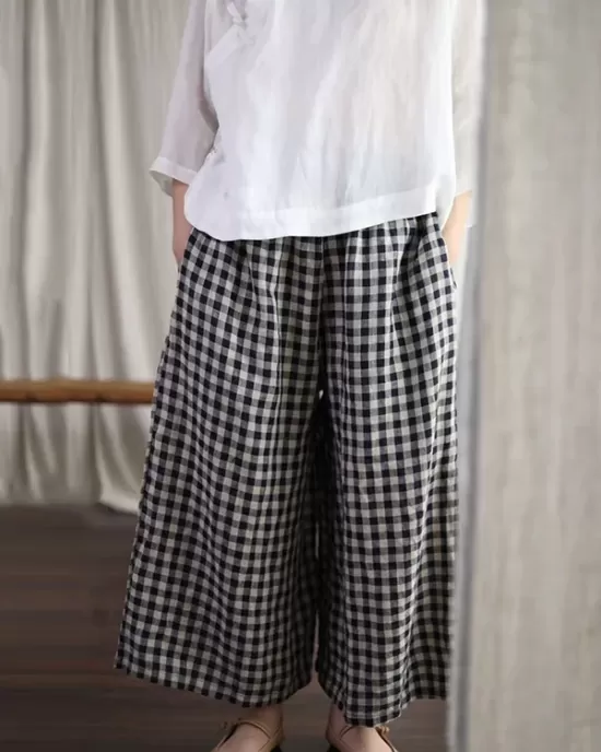 Artistic Retro Linen Loose Wide Legs Plaid Drawstring Pants