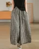 Artistic Retro Linen Loose Wide Legs Plaid Drawstring Pants