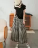 Artistic Retro Linen Loose Wide Legs Plaid Drawstring Pants