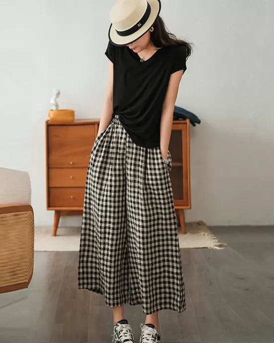 Artistic Retro Linen Loose Wide Legs Plaid Drawstring Pants