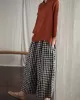 Artistic Retro Linen Loose Wide Legs Plaid Drawstring Pants