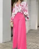 Original Contrast Color Blouse&Solid Wide Legs Pants 2 Pieces Set