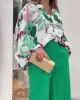 Original Contrast Color Blouse&Solid Wide Legs Pants 2 Pieces Set