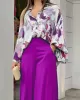 Original Contrast Color Blouse&Solid Wide Legs Pants 2 Pieces Set