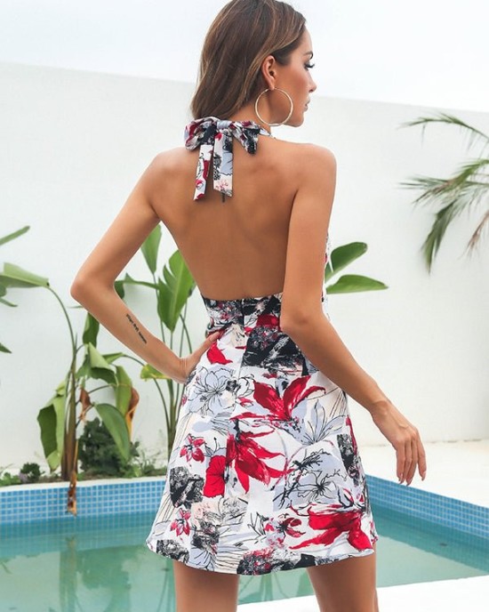 Women Sleeveless Floral Backless Bohemia Dress