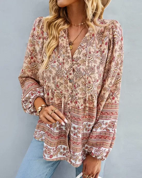 Long Sleeve Button Floral Blouse