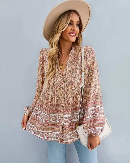 Long Sleeve Button Floral Blouse