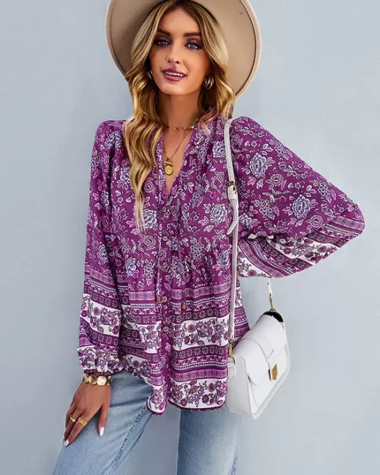 Long Sleeve Button Floral Blouse