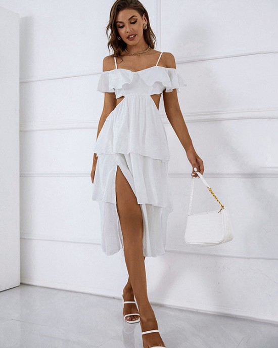 Vacation A-Line Solid Color Patchwork One-Shoulder Maxi Dress