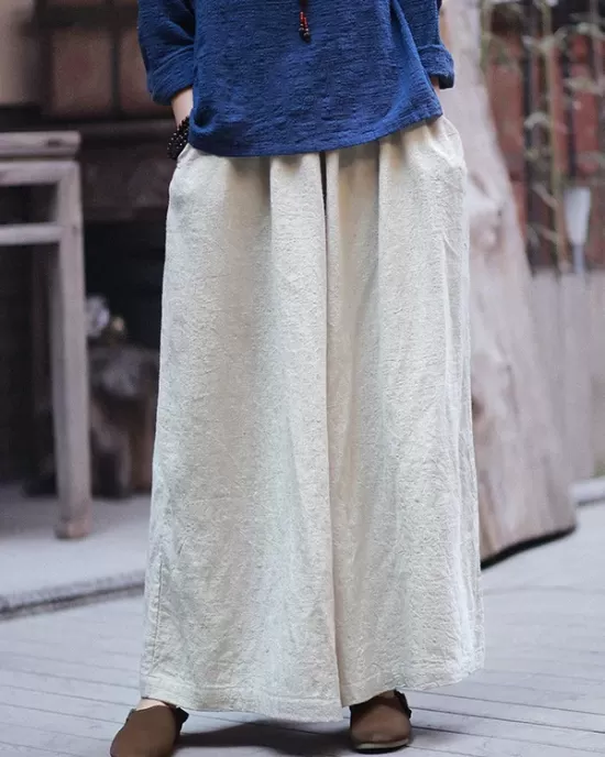 Artistic Retro Wide Leg Loose Elasticity Solid Color Casual Pants Bottoms