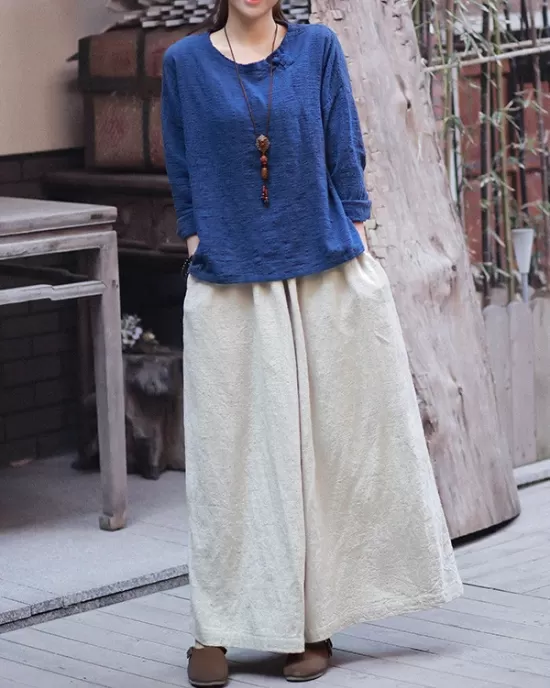 Artistic Retro Wide Leg Loose Elasticity Solid Color Casual Pants Bottoms