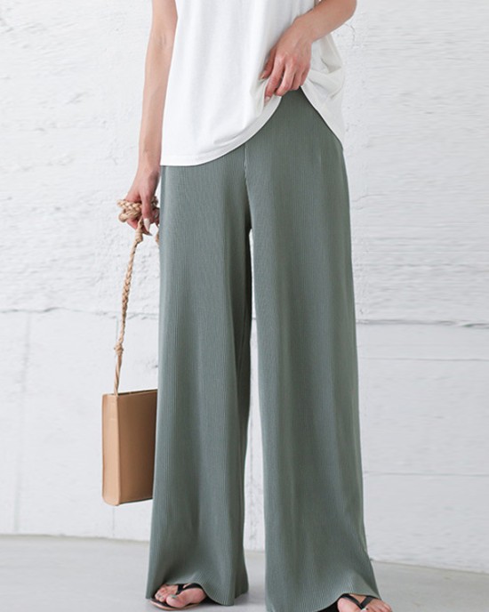 Simple Loose Wide Leg Elasticity Solid Color Casual Pants Bottoms