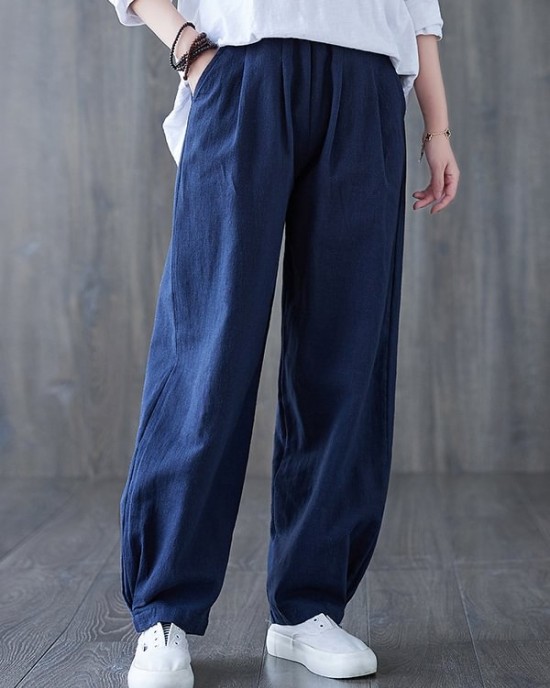 Simple Wide Leg Loose Elasticity Solid Color Casual Pants Bottoms