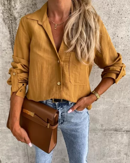 Trendy Long Sleeves Solid Color Lapel Collar Blouses