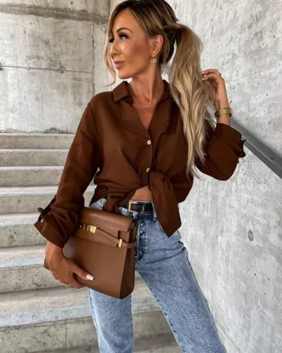 Trendy Long Sleeves Solid Color Lapel Collar Blouses