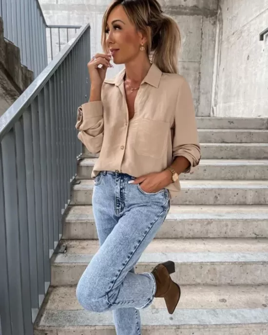 Trendy Long Sleeves Solid Color Lapel Collar Blouses