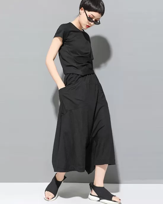 Simple Loose Wide Leg Solid Color Casual Three-Quarter Pants Bottoms