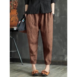 Loose Elastic Waist Ramie Cotton Pants