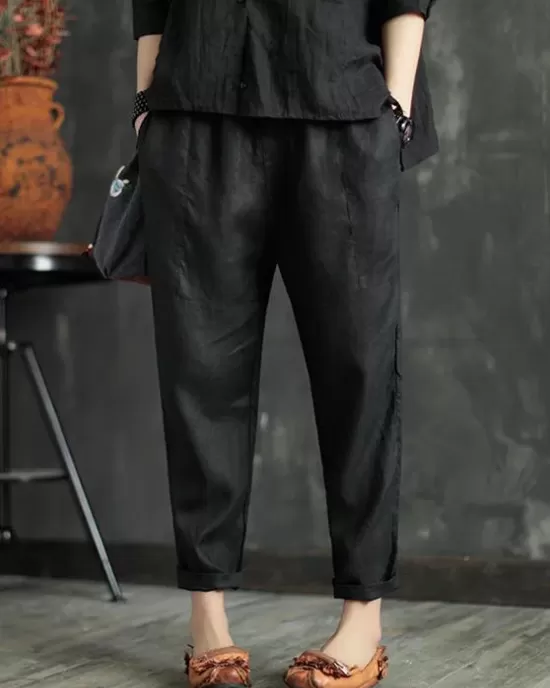 Loose Elastic Waist Ramie Cotton Pants