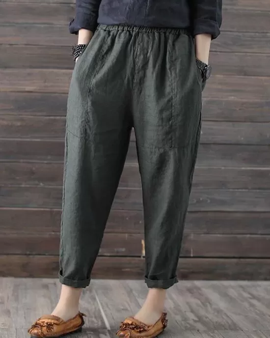 Loose Elastic Waist Ramie Cotton Pants