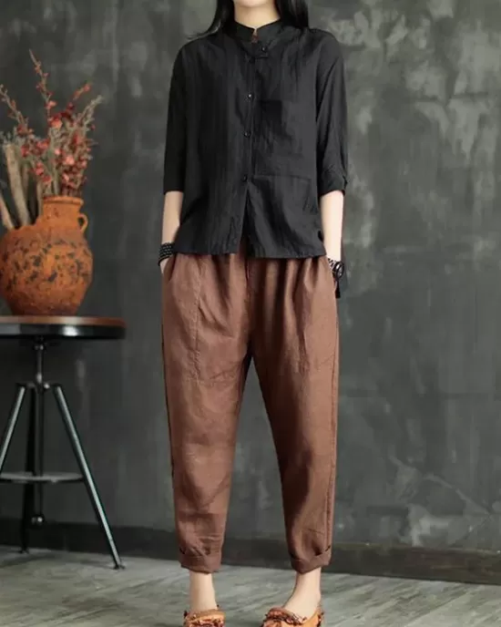 Loose Elastic Waist Ramie Cotton Pants