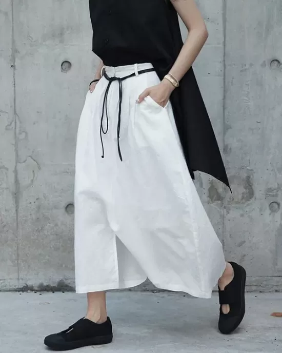 Loose White Linen Split-side Harem Pants