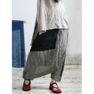 Vintage Plaid Split-joint Cropped Linen Pants