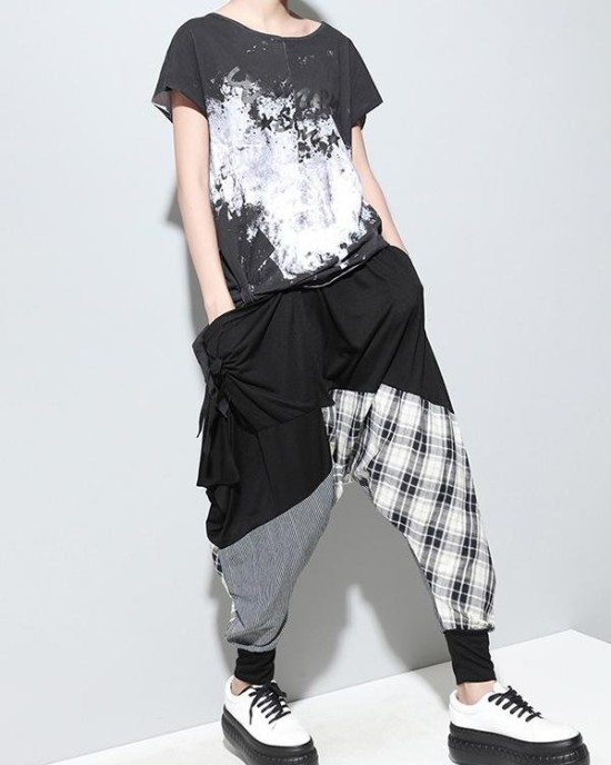 Loose Plaid Split-joint Harem Pants