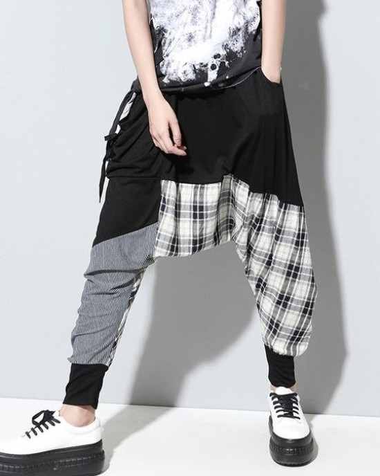 Loose Plaid Split-joint Harem Pants