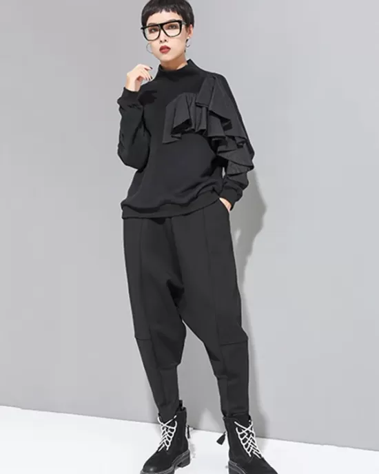 Stylish Black Velvet Split-Joint Harem Pants