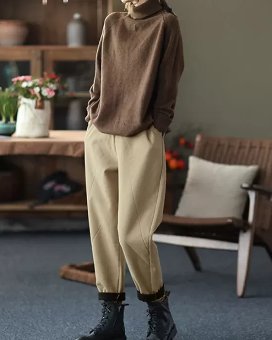 Thicken Velvet Elasticity Solid Color  Casual Pants