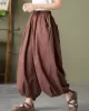 Simple Loose Linen Solid Color Pleated Drawstring Wide Legs Knickerbockers