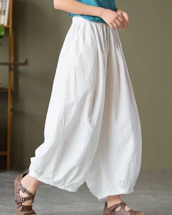 Simple Loose Linen Solid Color Pleated Drawstring Wide Legs Knickerbockers