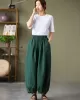 Simple Loose Linen Solid Color Pleated Drawstring Wide Legs Knickerbockers