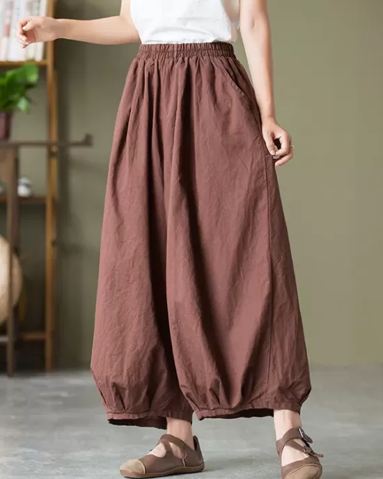 Simple Loose Linen Solid Color Pleated Drawstring Wide Legs Knickerbockers