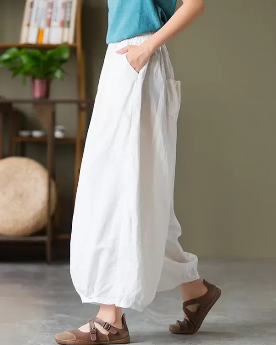 Simple Loose Linen Solid Color Pleated Drawstring Wide Legs Knickerbockers