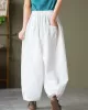 Simple Loose Linen Solid Color Pleated Drawstring Wide Legs Knickerbockers